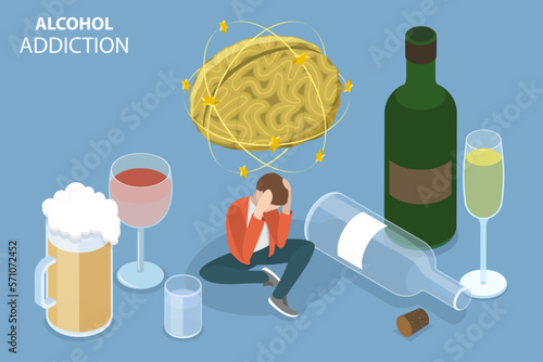 3D Isometric Flat Vector Conceptual Illustration of Alcohol Addiction Problem, Bad Habits