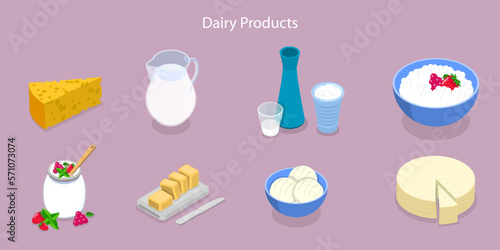 3D Isometric Flat Vector Set of Organic Dairy Products, Daily Healthy Food