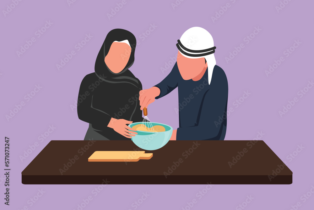 Character flat drawing romantic Arab couple knead cake dough using manual hand mixer. Enjoy kneading cake dough together at home. Happy man and woman cooking bread. Cartoon design vector illustration Character flat drawing romantic Arab couple knead cake dough using manual hand mixer. Enjoy kneading cake dough together at home. Happy man and woman cooking bread. Cartoon design vector illustration