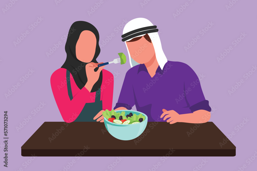 Character flat drawing beautiful wife feed her husband food, in front of him is bowl filled with salad. Happy Arab couple cooking together in cozy kitchen at home. Cartoon design vector illustration Character flat drawing beautiful wife feed her husband food, in front of him is bowl filled with salad. Happy Arab couple cooking together in cozy kitchen at home. Cartoon design vector illustration