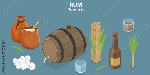 3D Isometric Flat Vector Set of Rum Products, Alcohol Drink Production