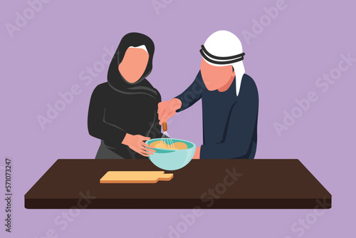 Character flat drawing romantic Arab couple knead cake dough using manual hand mixer. Enjoy kneading cake dough together at home. Happy man and woman cooking bread. Cartoon design vector illustration