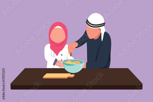 Cartoon flat style drawing Arab father and daughter knead cake dough using manual hand mixer. Dad and his little girl enjoying kneading cake dough together at home. Graphic design vector illustration