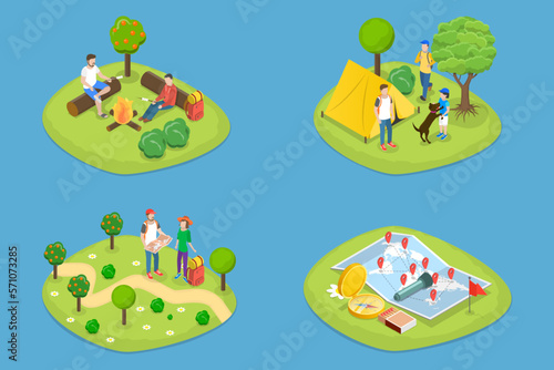 3D Isometric Flat Vector Set of Trail Adventures, Tourist Camping or Trekking Activity