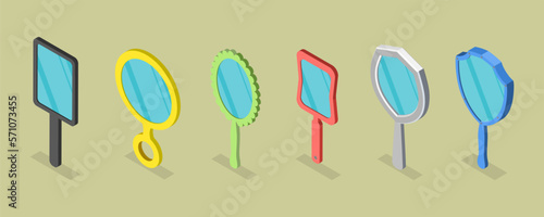 3D Isometric Flat Vector Set of Mirrors, Handheld Makeup Frames