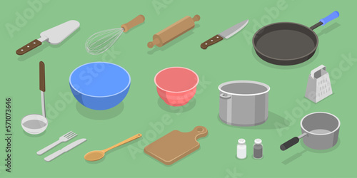 3D Isometric Flat Vector Set of Kitchen Utensils, Objects for Eating and Food Preparation