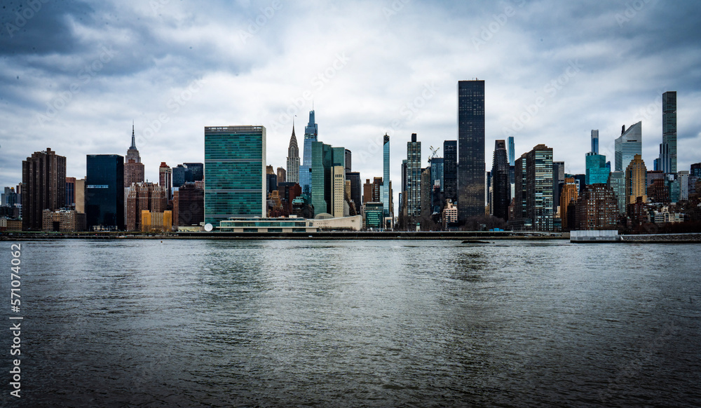 New York City Skyline as seen on a cloudy day from Long Island City, Queens