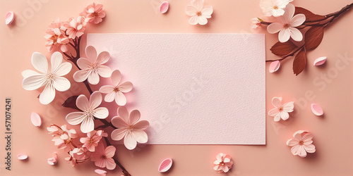 pastel pink banner with flowers. sakura, cherry blossom. easter card with spring flowers, woman's day, 8 march, Easter, mother's day, birthday, anniversary, wedding, generative ai