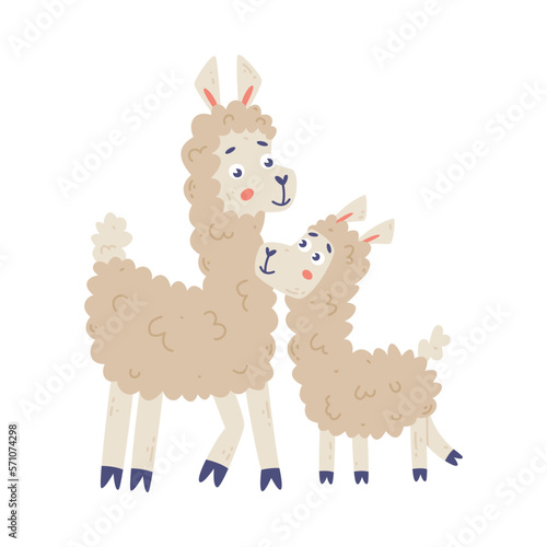 Cute llama family. Animal parent and its baby. Happy parenthood cartoon vector illustration