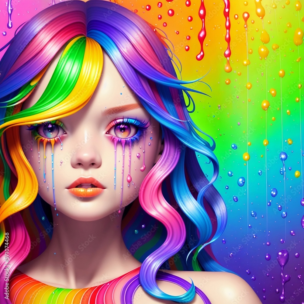 emotional girl doll, rainbow wave, splashes of paint on her face, generated in AI