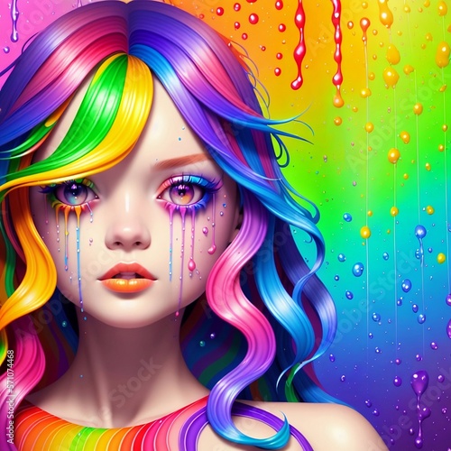 emotional girl doll  rainbow wave  splashes of paint on her face  generated in AI