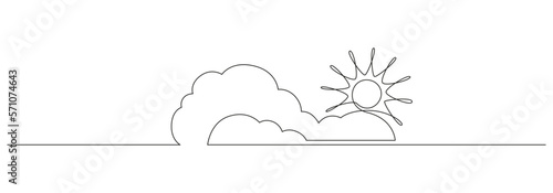 One continuous line drawing of Clouds with sun in the sky. Weather symbol and storage concept in simple linear style. Editable stroke. Doodle vector illustration