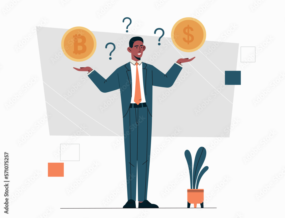 Dollar vs bitcoin. Man compares cryptocurrency and chooses best investment. Economics, investment and trading. Financial literacy and passive income. Poster or banner. Cartoon flat vector illustration Dollar vs bitcoin. Man compares cryptocurrency and chooses best investment. Economics, investment and trading. Financial literacy and passive income. Poster or banner. Cartoon flat vector illustration