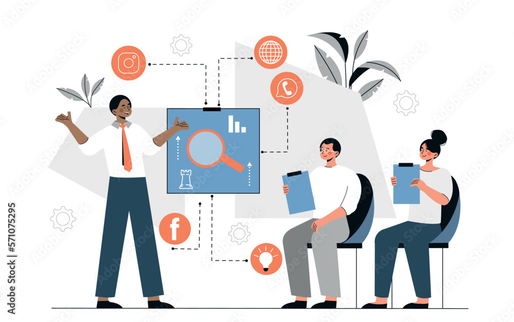 Marketing consultation concept. Man giving lecture to young boy and girl. Business presentation, education and training. Marketing research and infographics. Cartoon flat vector illustration Marketing consultation concept. Man giving lecture to young boy and girl. Business presentation, education and training. Marketing research and infographics. Cartoon flat vector illustration