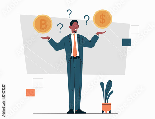 Dollar vs bitcoin. Man compares cryptocurrency and chooses best investment. Economics, investment and trading. Financial literacy and passive income. Poster or banner. Cartoon flat vector illustration