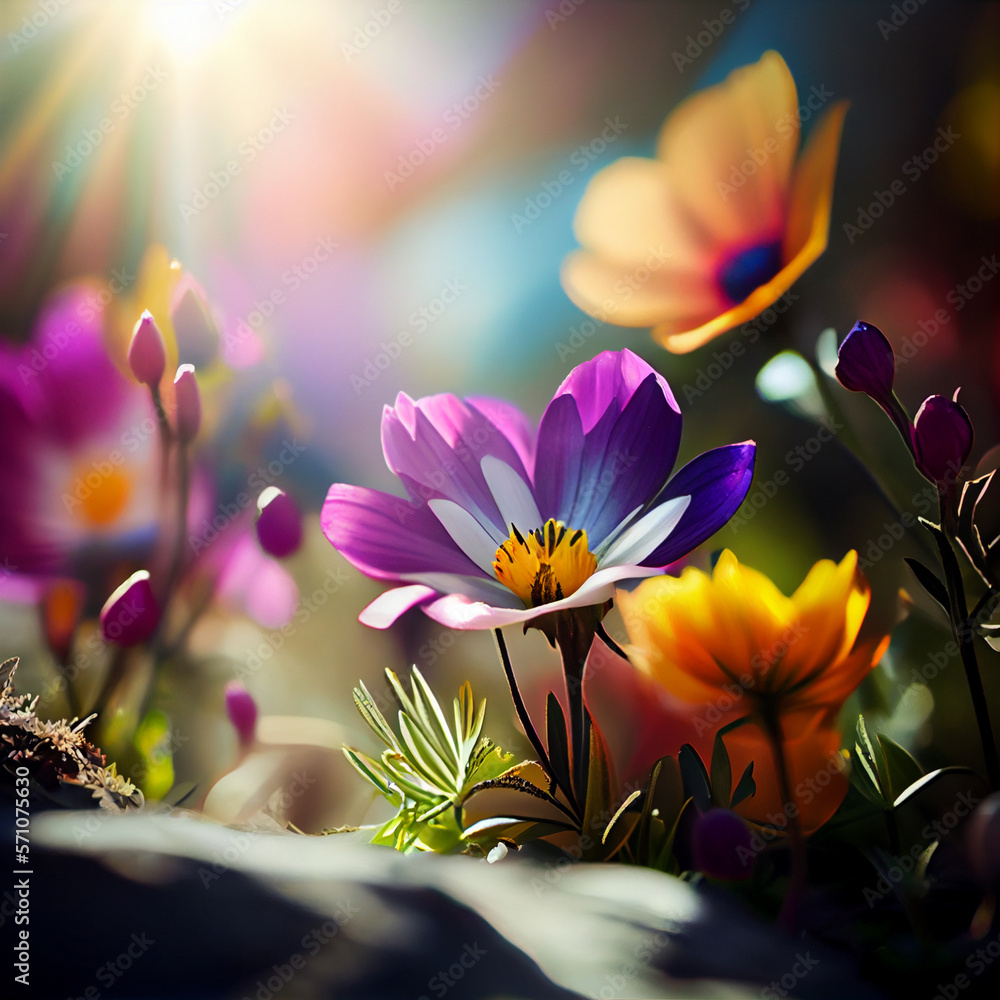 Fototapeta premium Beautiful colorful spring flowers and grass field in a sunny day, generative ai