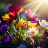 Beautiful colorful spring flowers and grass field in a sunny day, generative ai