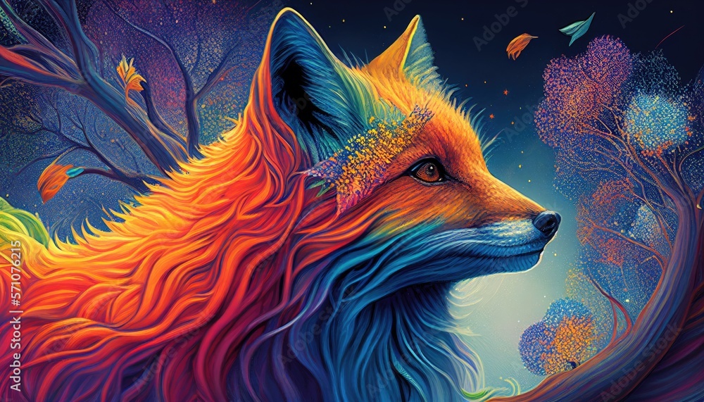 Celestial rainbow fox vision, protector, spirit, tribal style, psychedelic imaginary creature, AI Generative panoramic banner