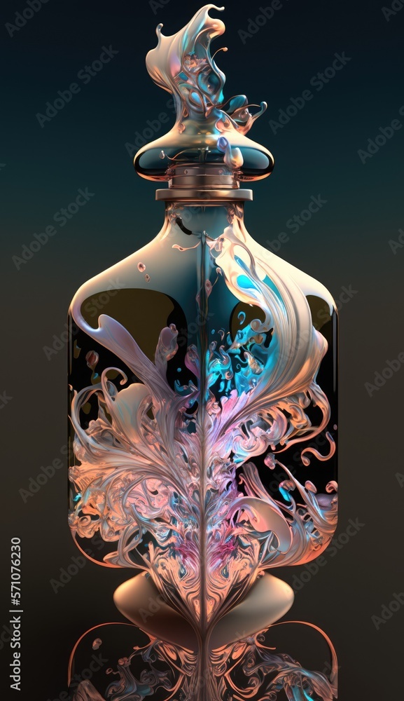 Glamor perfume bottle with iridescent floral decor on glass. Abstract futuristic beauty product mockup generated by AI, AI Generative