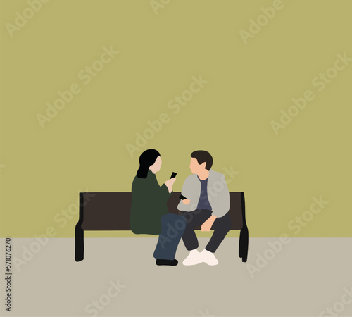 Couple using smartphone together outdoor in public park. Social media while relaxing on a bench in a street.