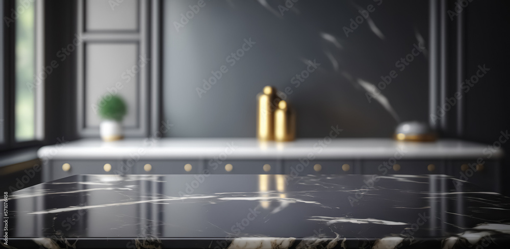 Marble Table Top Kitchen Island blurred Background. for montage product display. digital ai art	