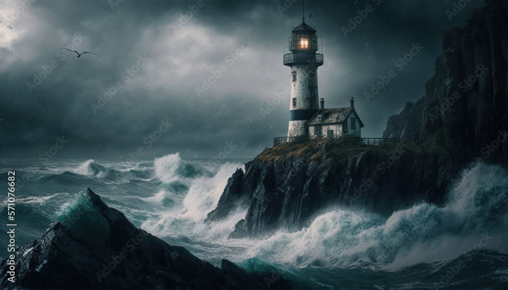 Lighthouse on a Cliff with a Stormy Sea