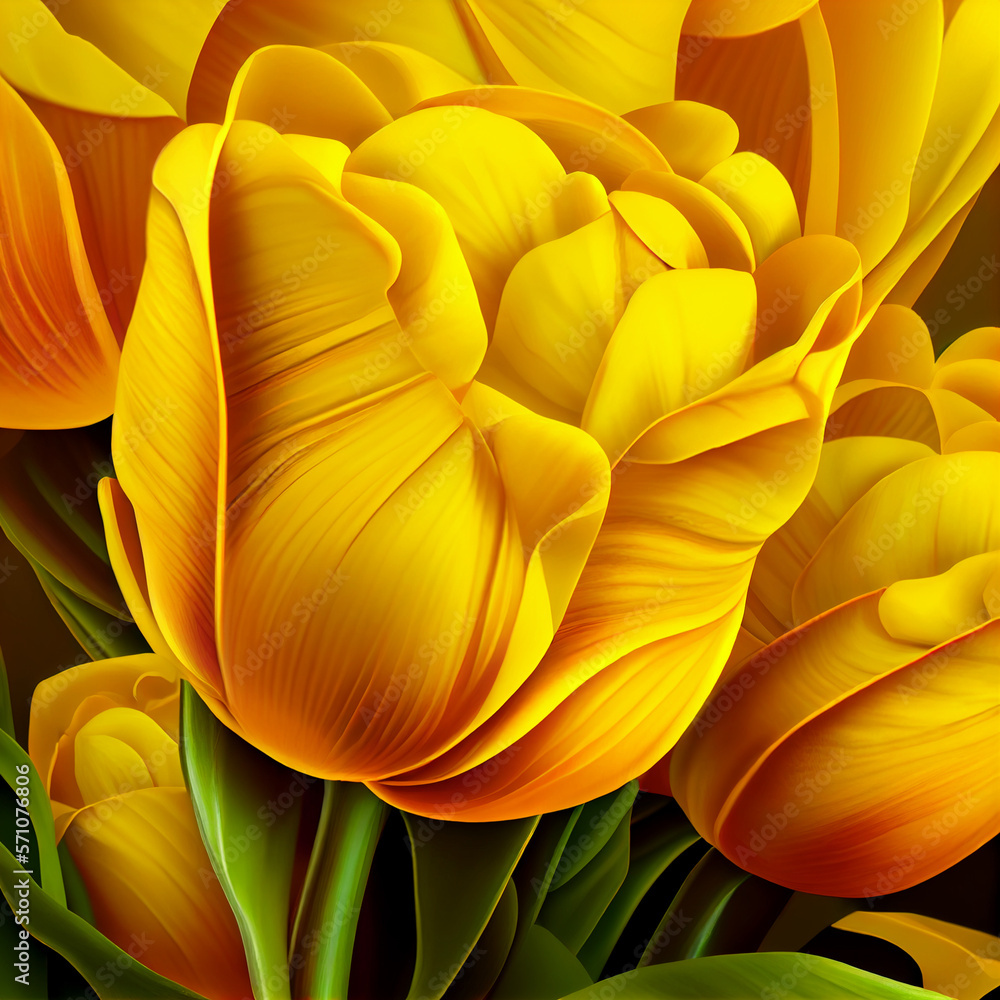 Obraz premium Yellow tulips flowers background, realistic tulips plant watercolor illustration. Generative AI