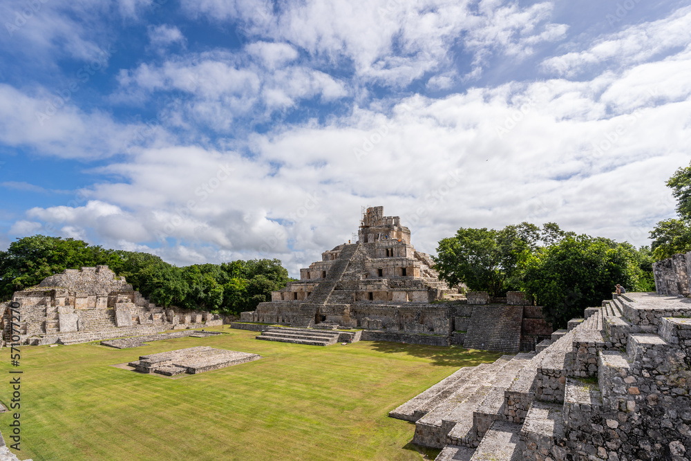 The ruins of a beautiful pyramid in the archaeological zone of Edzna in Mexico.