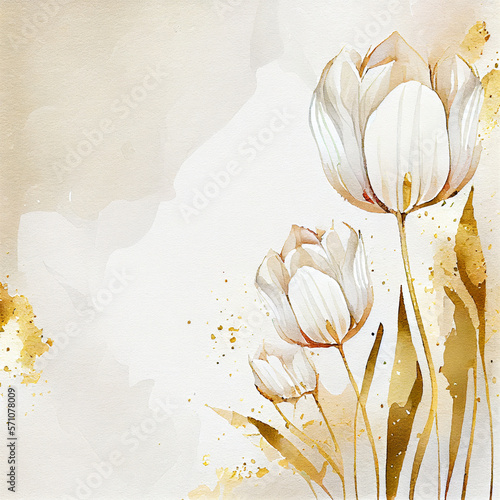 Watercolor white tulip flowers greeting card background with tulips plants. Generative AI