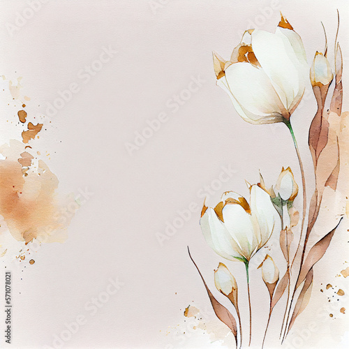 Watercolor white tulip flowers greeting card background with tulips plants. Generative AI