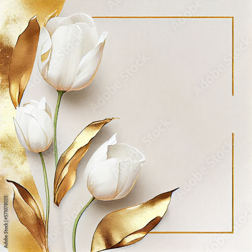 Watercolor white tulip flowers greeting card background with tulips plants. Generative AI
