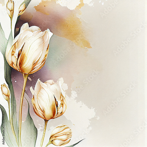 Watercolor white tulip flowers greeting card background with tulips plants. Generative AI