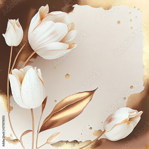 Watercolor white tulip flowers greeting card background with tulips plants. Generative AI
