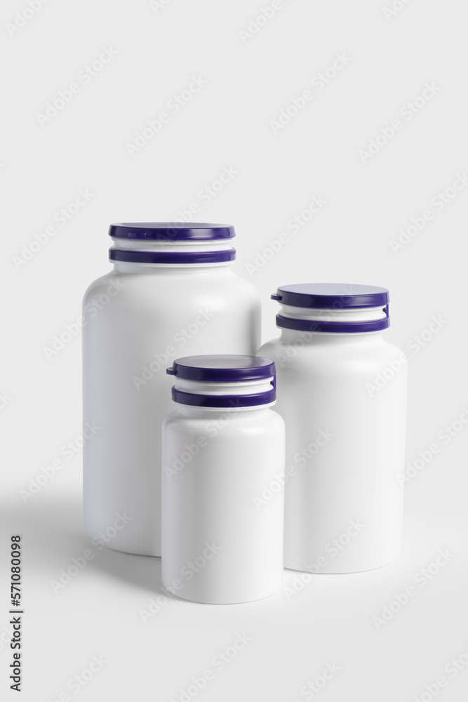 Closed plastic medicine bottles on white background. Medicament Closed plastic medicine bottles on white background. Medicament
