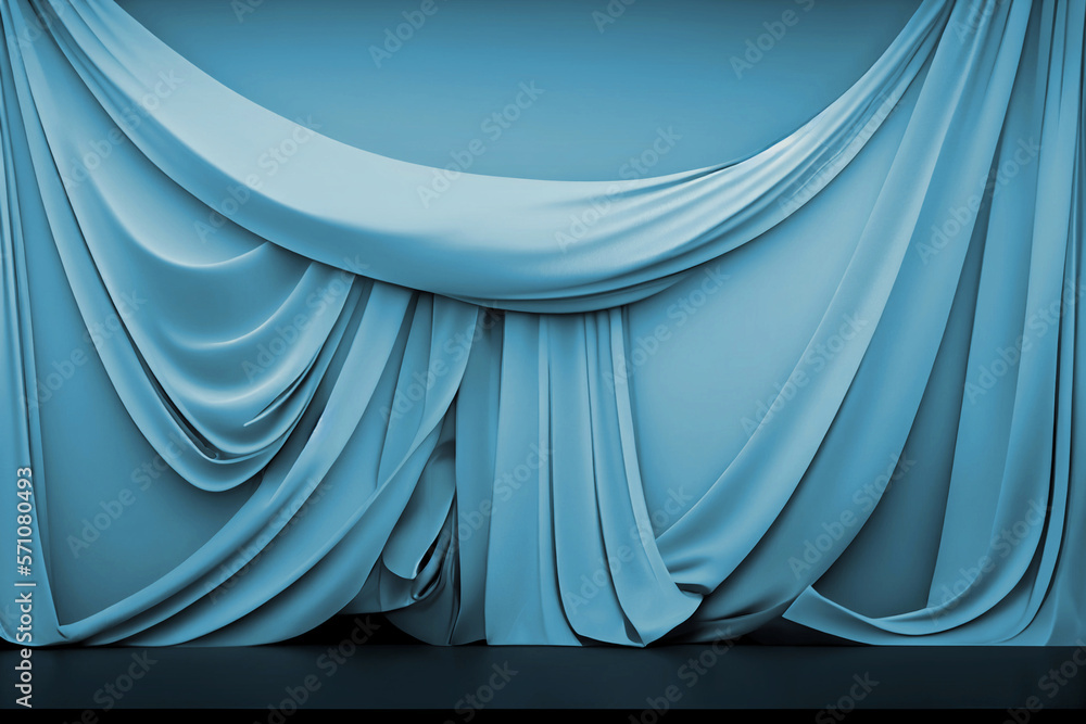 Blue fabric draped over the wall background, luxury silk backdrop for
