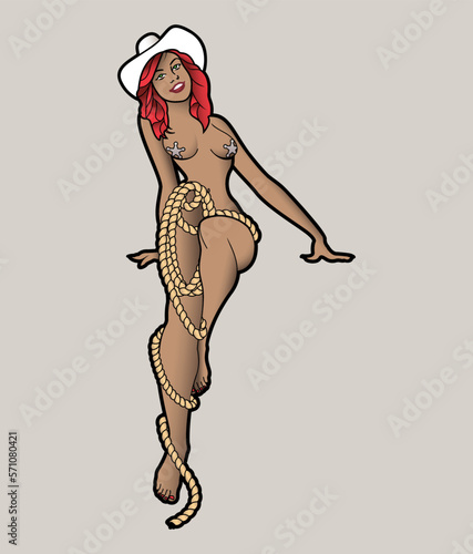 An illustration of a posed pin-up model wearing a cowboy hat, inspired by vintage tattoo art.