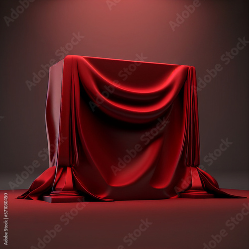Red cloth fabric cover box or table, silk fabric draped oversurprise gift, opening presentation banner, hidden secret under satin folded drape, Generative AI