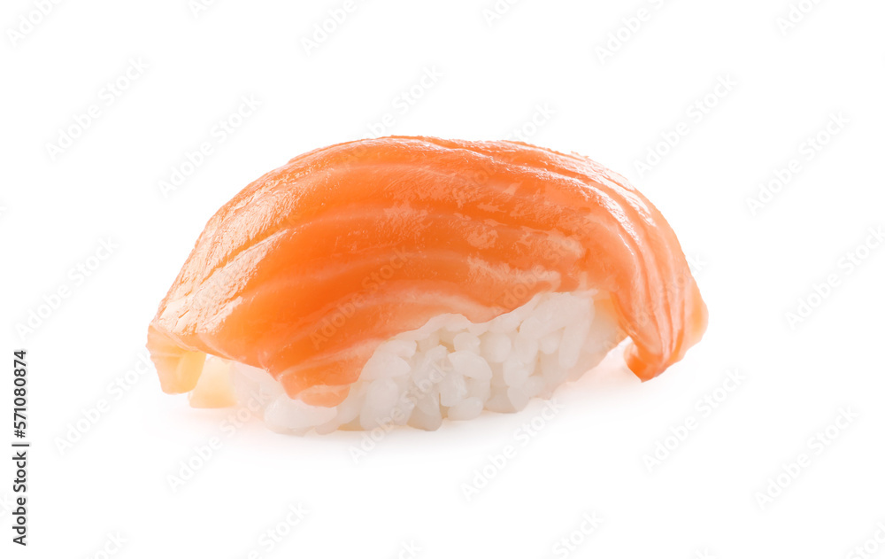 Delicious nigiri sushi with salmon isolated on white Delicious nigiri sushi with salmon isolated on white
