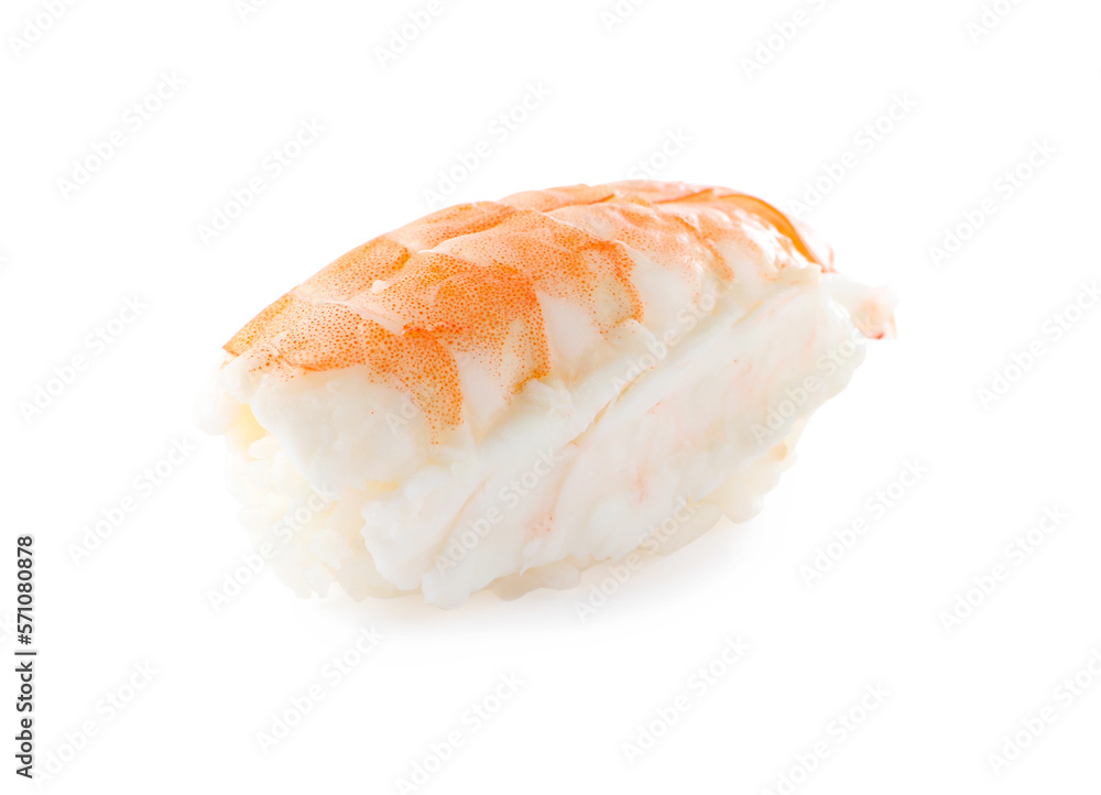 Delicious nigiri sushi with shrimp isolated on white Delicious nigiri sushi with shrimp isolated on white