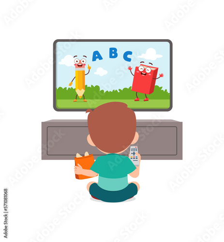little kid watching television and feel happy