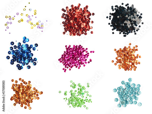 Set of different shiny sequins on white background, top view photo