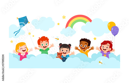 little kid play in cloud with friend and feel happy