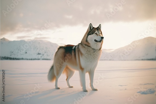 Portrait of a dog on white winter snow 