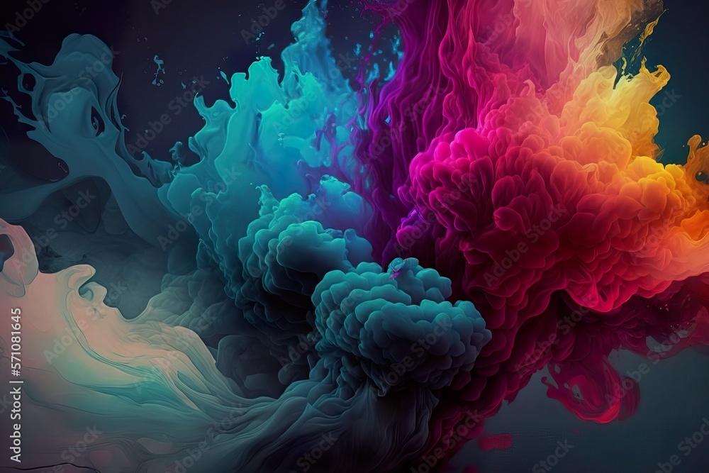 Obraz premium Abstract background in watercolor, splash and ink blot style with splatter effect, vivid rainbow colors on relatively darker ones, illustration, generative ai