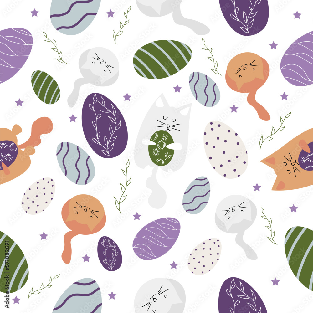 Easter pattern with cute cats and colorful eggs on white background Easter pattern with cute cats and colorful eggs on white background