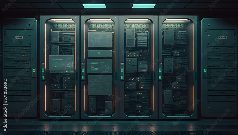 a data center with multiple rows of fully Operational Server Racks. Modern Telecommunications, Cloud Computing, Artificial Intelligence High-tech data centers with computers and lights a data center with multiple rows of fully Operational Server Racks. Modern Telecommunications, Cloud Computing, Artificial Intelligence High-tech data centers with computers and lights