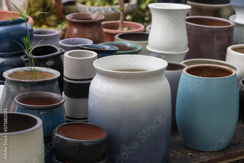 Colorful pottery and porcelain vases and flower pots