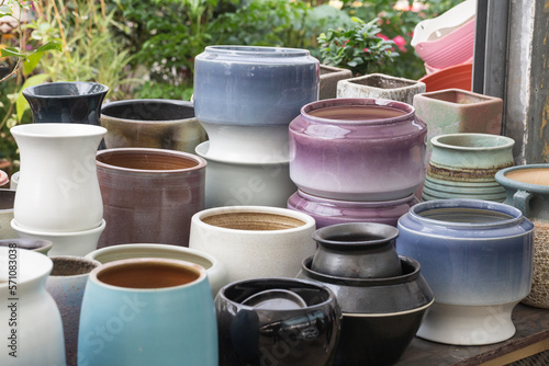 Colorful pottery and porcelain vases and flower pots