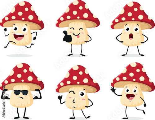 Set of Red Mushroom cartoon. Isolated on white background