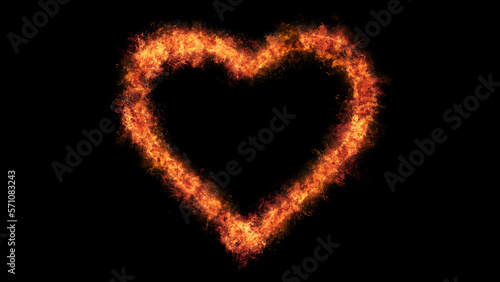 Fiery yellow red heart symbol on a black background with burning flame line frame.